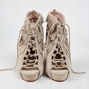 Colin Stuart Fringe Lace-Up Stiletto Heels | Nude Suede | Statement Platform